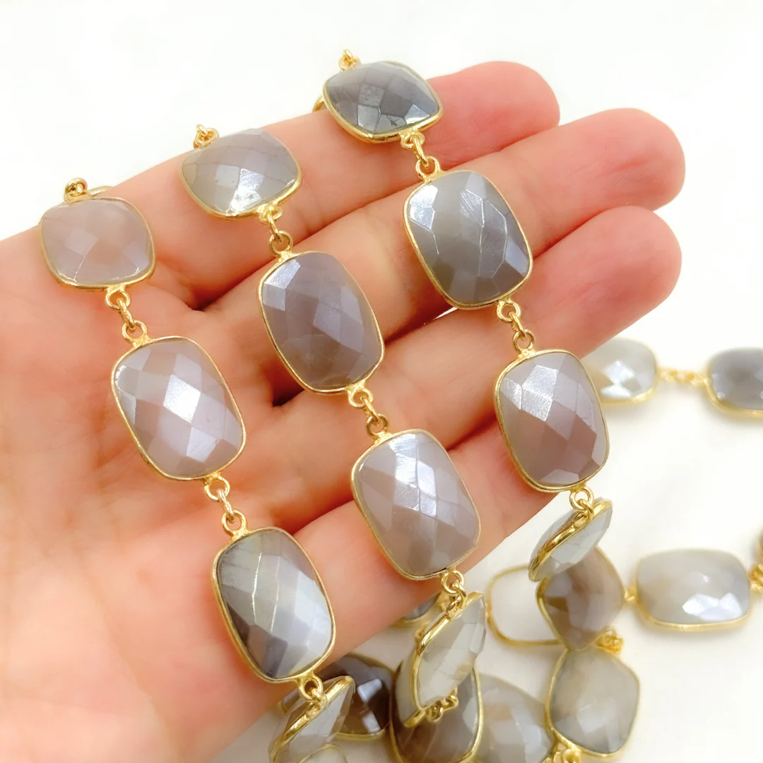 Coated Grey Moonstone Rectangular Shape Bezel Gold Plated Silver Wire Chain. CMS27 - Image 3