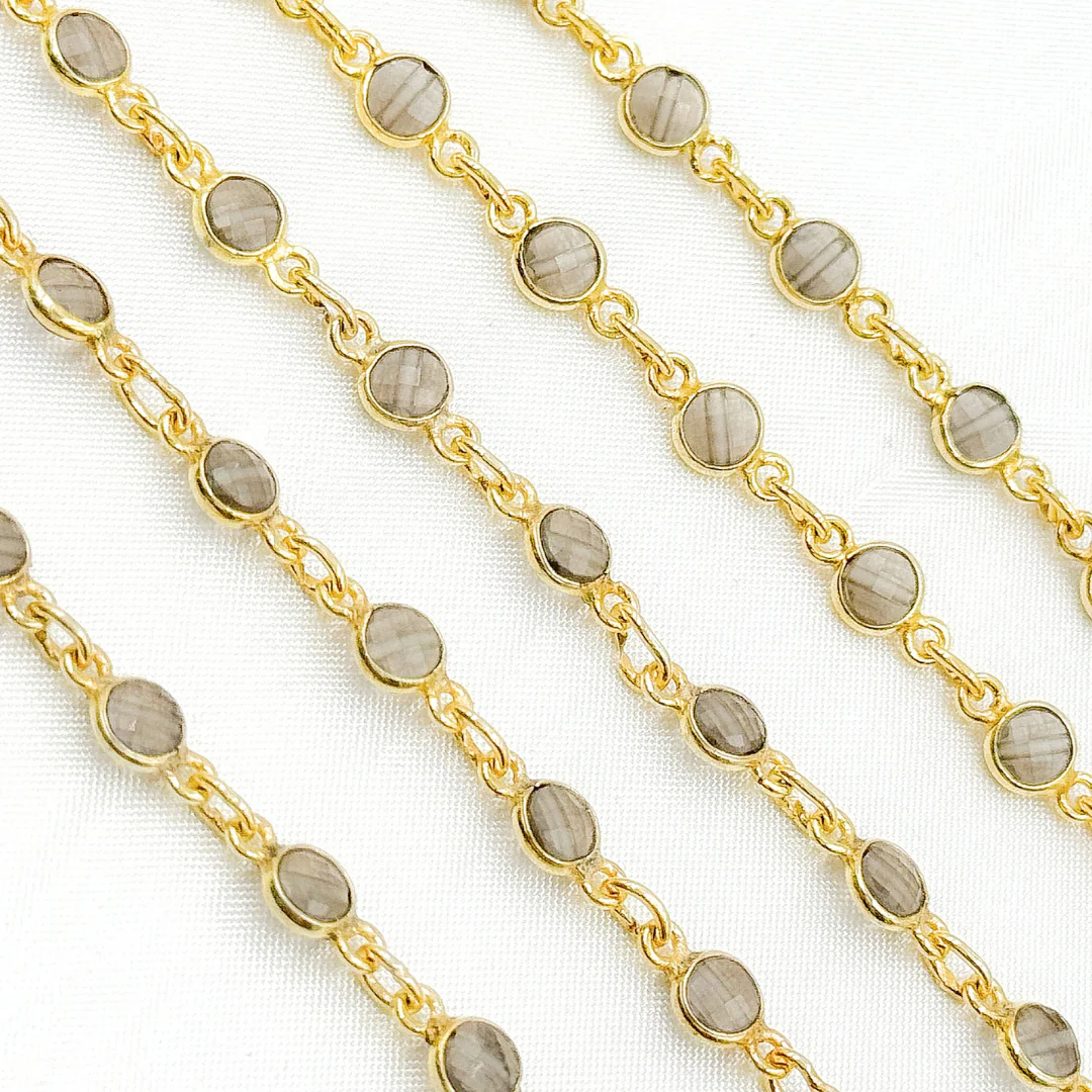 Coated Grey Moonstone Round Shape Bezel Gold Plated Wire Chain. CMS21 - Image 2