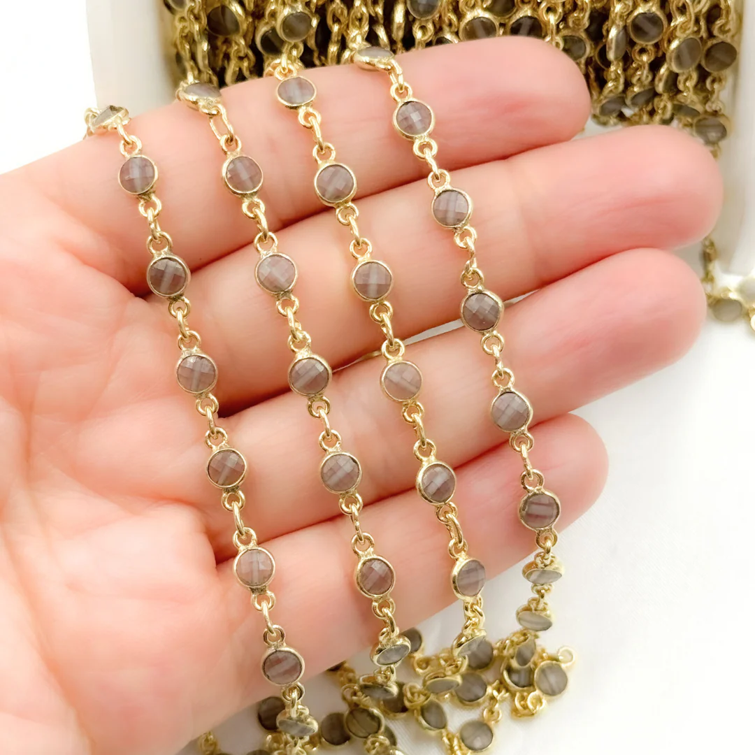 Coated Grey Moonstone Round Shape Bezel Gold Plated Wire Chain. CMS21 - Image 3