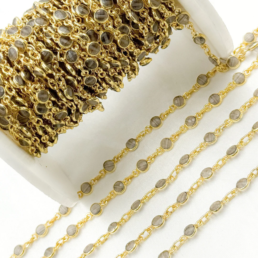 Coated Grey Moonstone Round Shape Bezel Gold Plated Wire Chain. CMS21 - Image 4