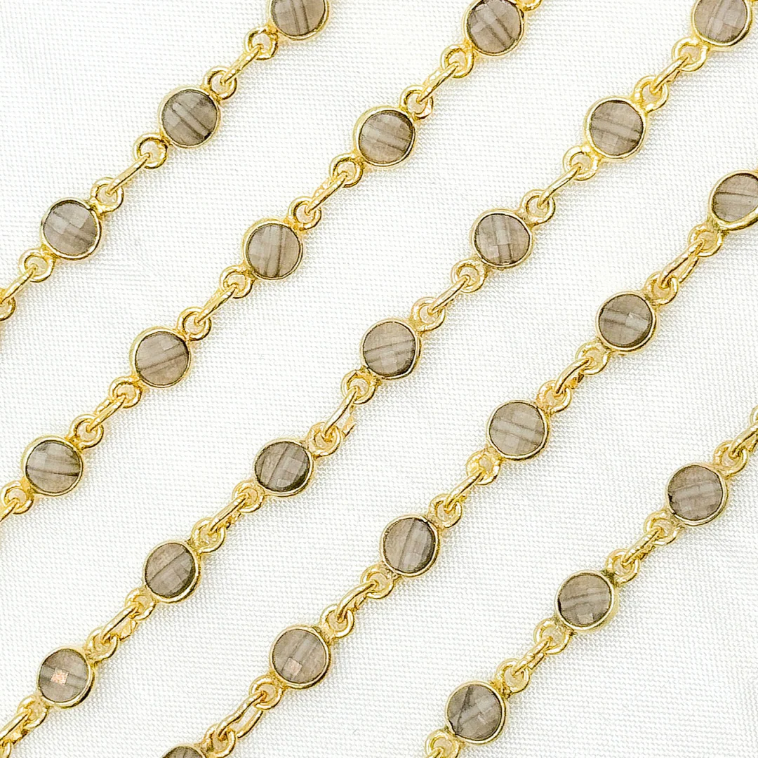 Coated Grey Moonstone Round Shape Bezel Gold Plated Wire Chain. CMS21 - Image 5