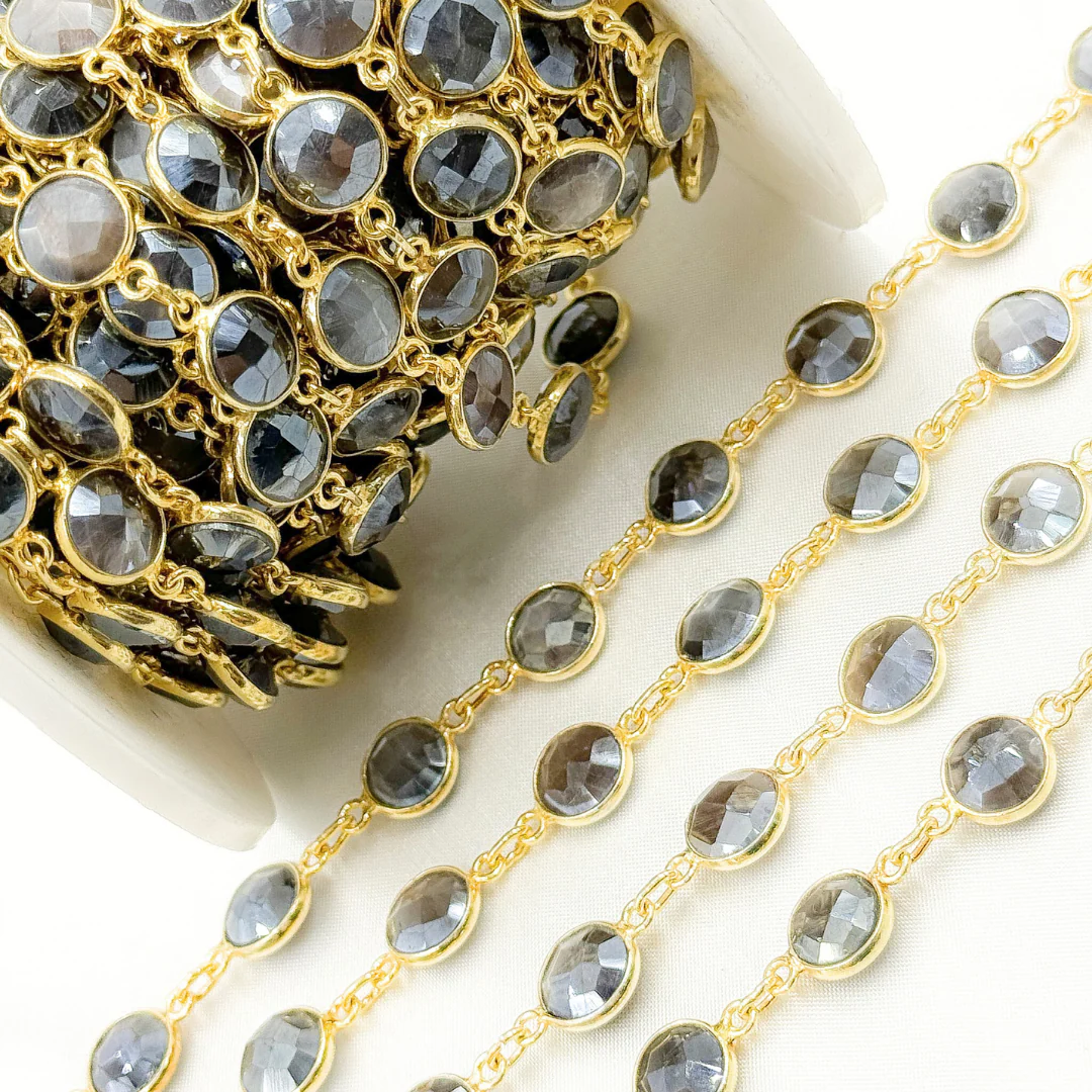 Coated Grey Moonstone Round Shape Bezel Gold Plated Wire Chain. CMS23 - Image 5