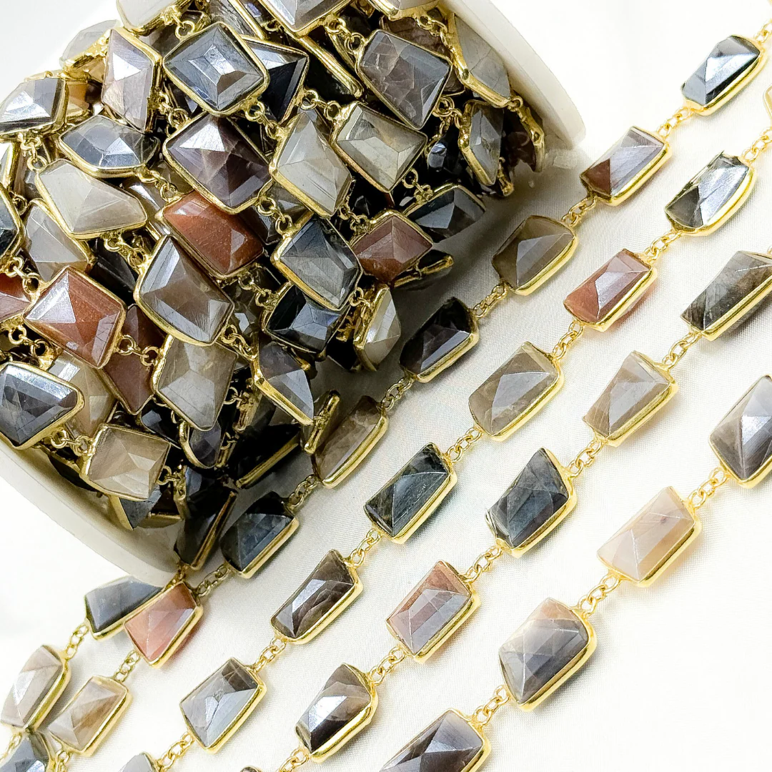 Coated Multi Moonstone Organic Shape Bezel Gold Plated Wire Chain. CMS30 - Image 4
