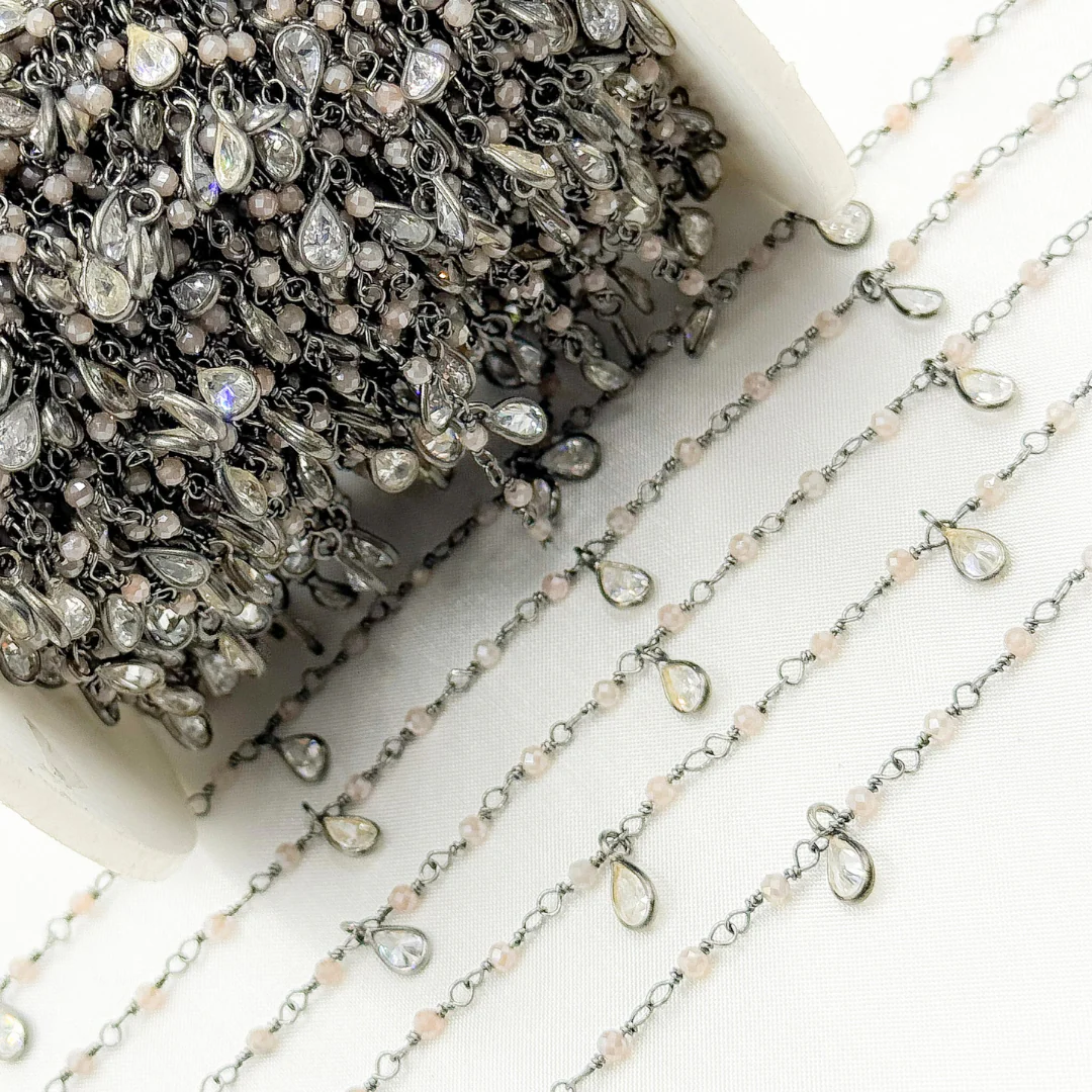 Coated Peach Moonstone & CZ Dangle Oxidized Wire Chain. CMS38 - Image 2
