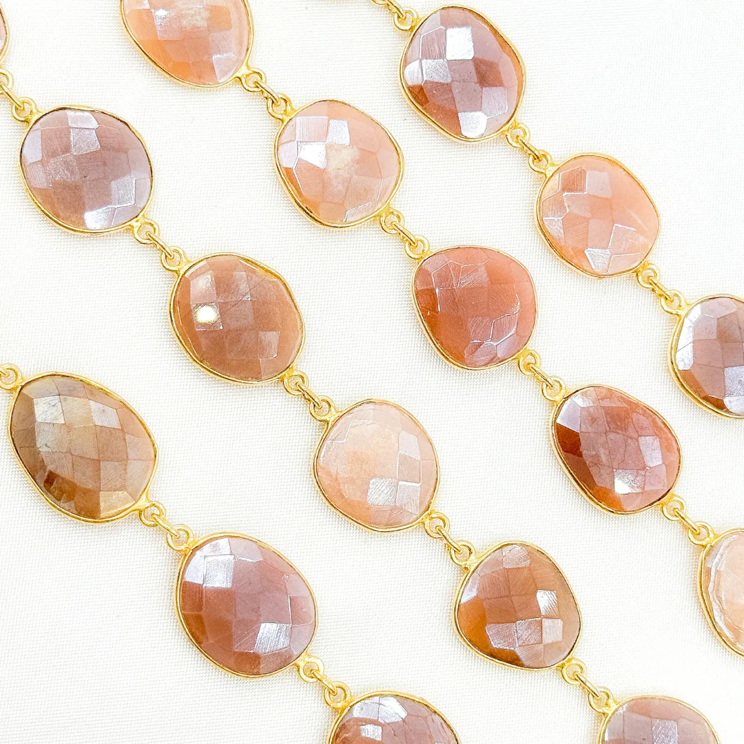 Coated Peach Moonstone Organic Shape Bezel Gold Plated Silver Wire Chain. CMS31 - Image 5