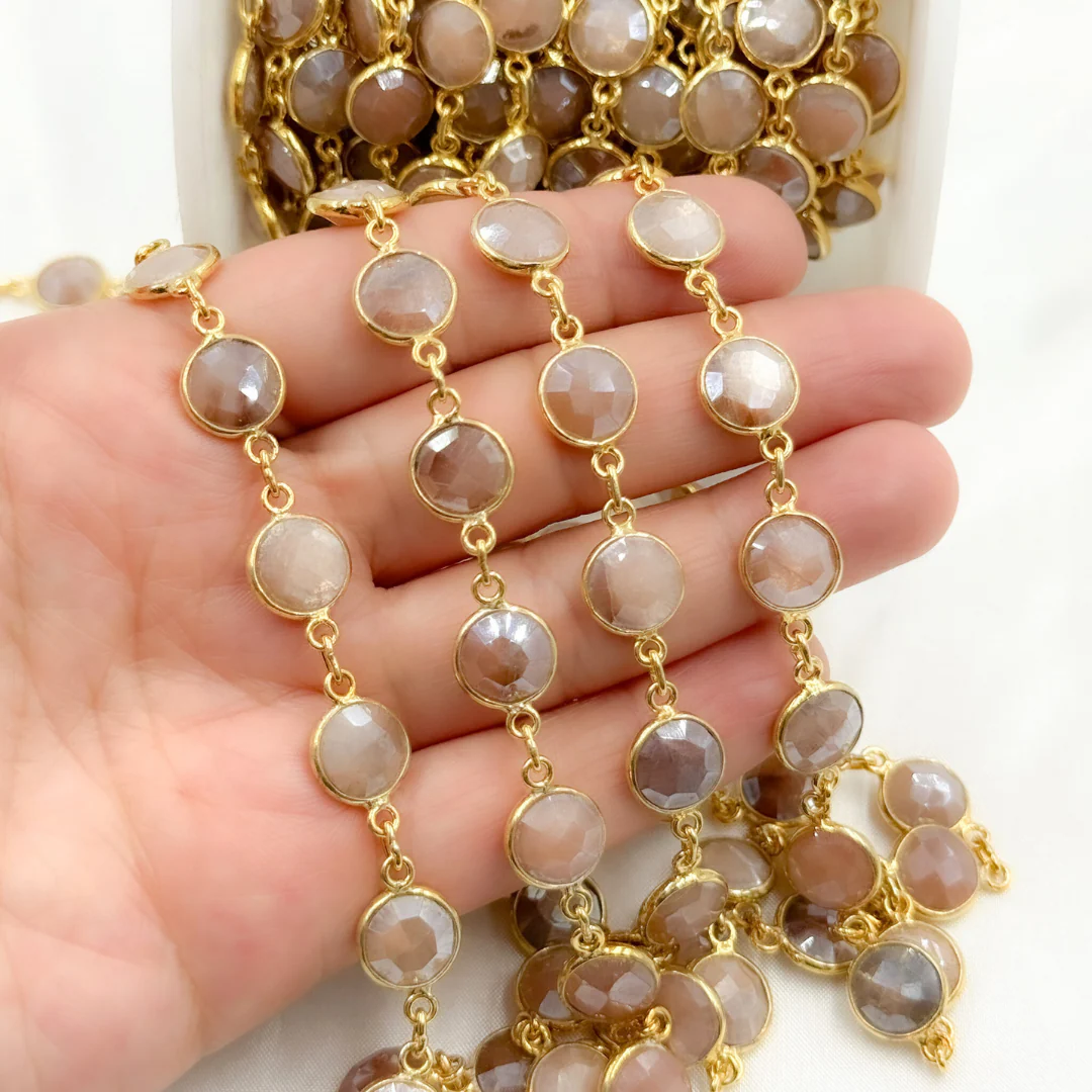 Coated Peach Moonstone Round Shape Bezel Gold Plated Wire Chain. CMS4 - Image 3