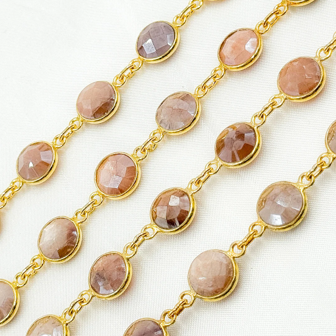 Coated Peach Moonstone Round Shape Bezel Gold Plated Wire Chain. CMS4 - Image 5