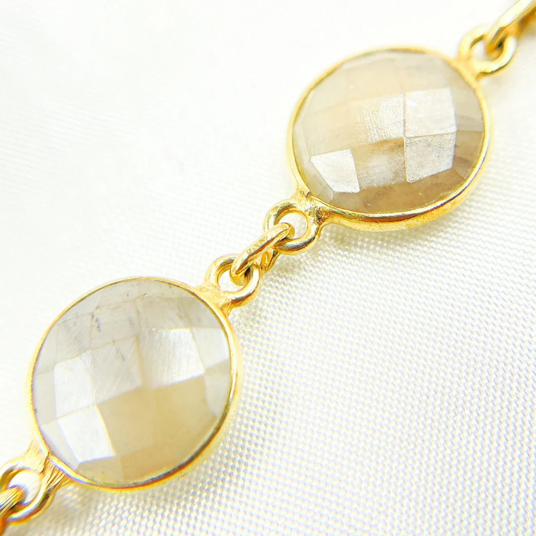 Coated White Moonstone Round Shape Bezel Gold Plated Silver Wire Chain. CMS18 - Image 2