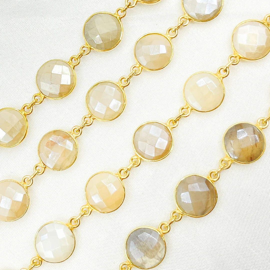Coated White Moonstone Round Shape Bezel Gold Plated Silver Wire Chain. CMS18 - Image 3
