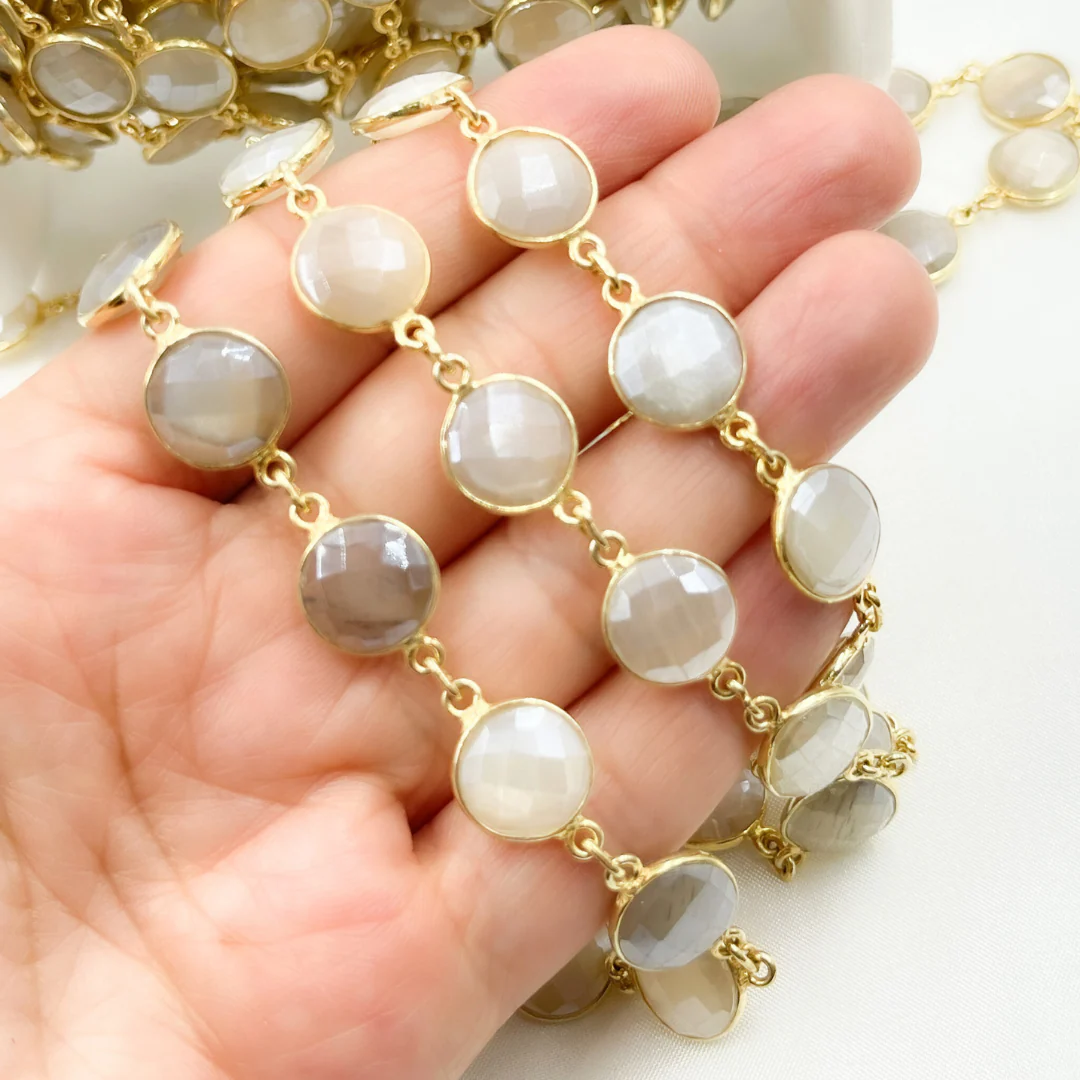 Coated White Moonstone Round Shape Bezel Gold Plated Silver Wire Chain. CMS18 - Image 4