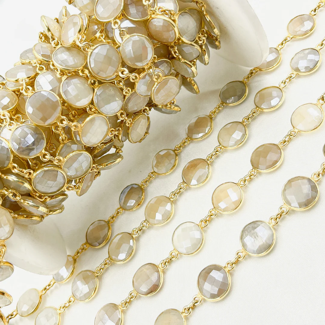 Coated White Moonstone Round Shape Bezel Gold Plated Silver Wire Chain. CMS18 - Image 5