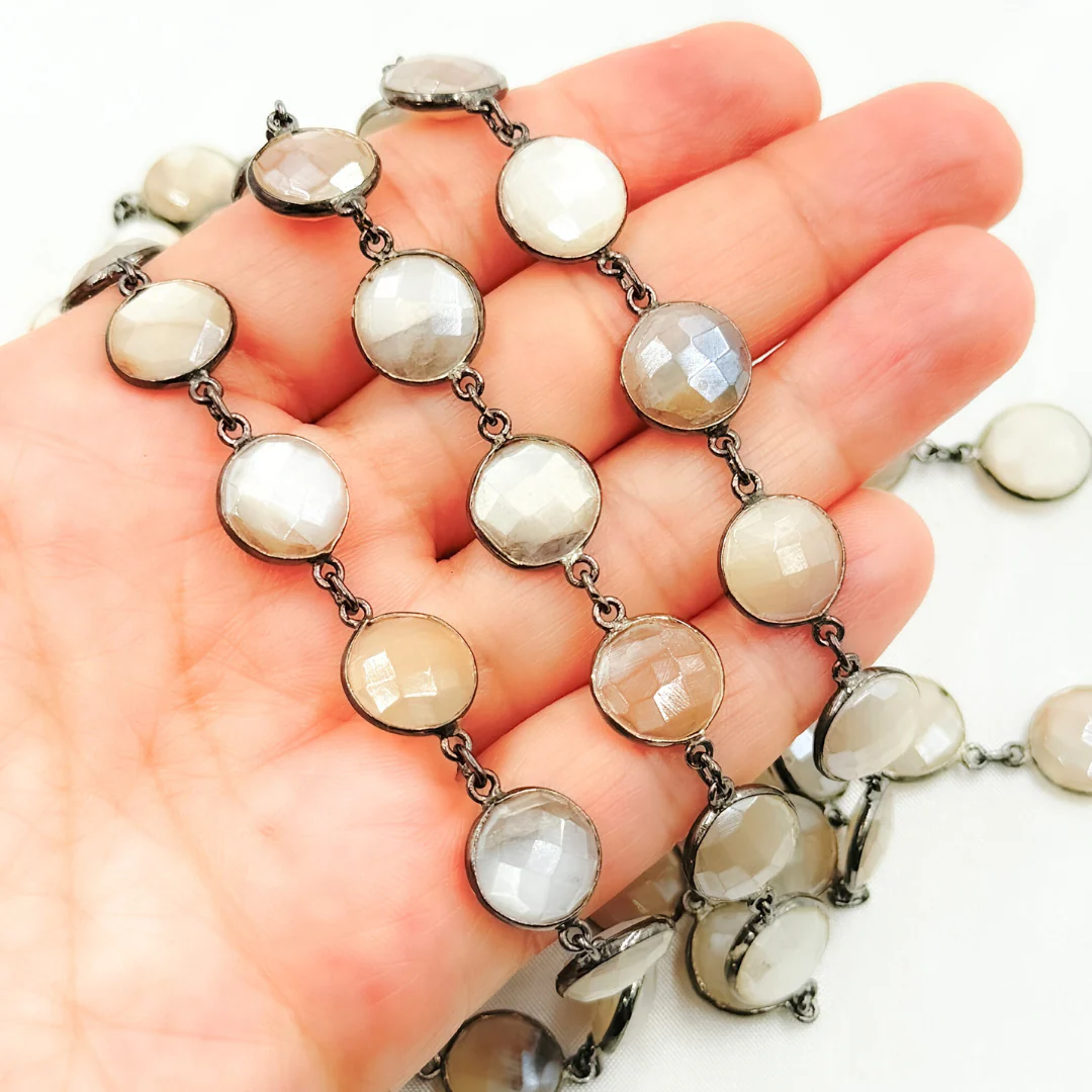 Coated White Moonstone Round Shape Bezel Oxidized Wire Chain. CMS15 - Image 2