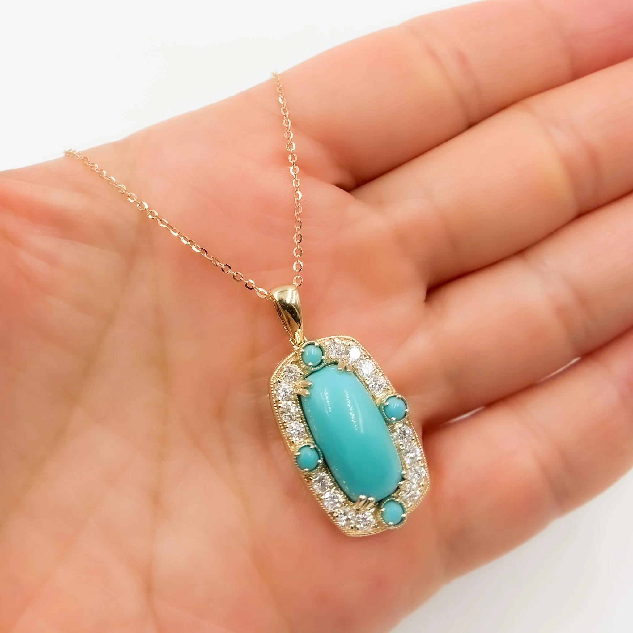 CP97140TQ15X7.5. 14k Solid Gold Diamond and Turquoise Fancy Rectangle Necklace - Image 4