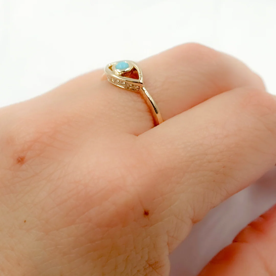 CR96334TQ3. 14K Solid Gold Diamond and Turquoise Eye Ring - Image 3