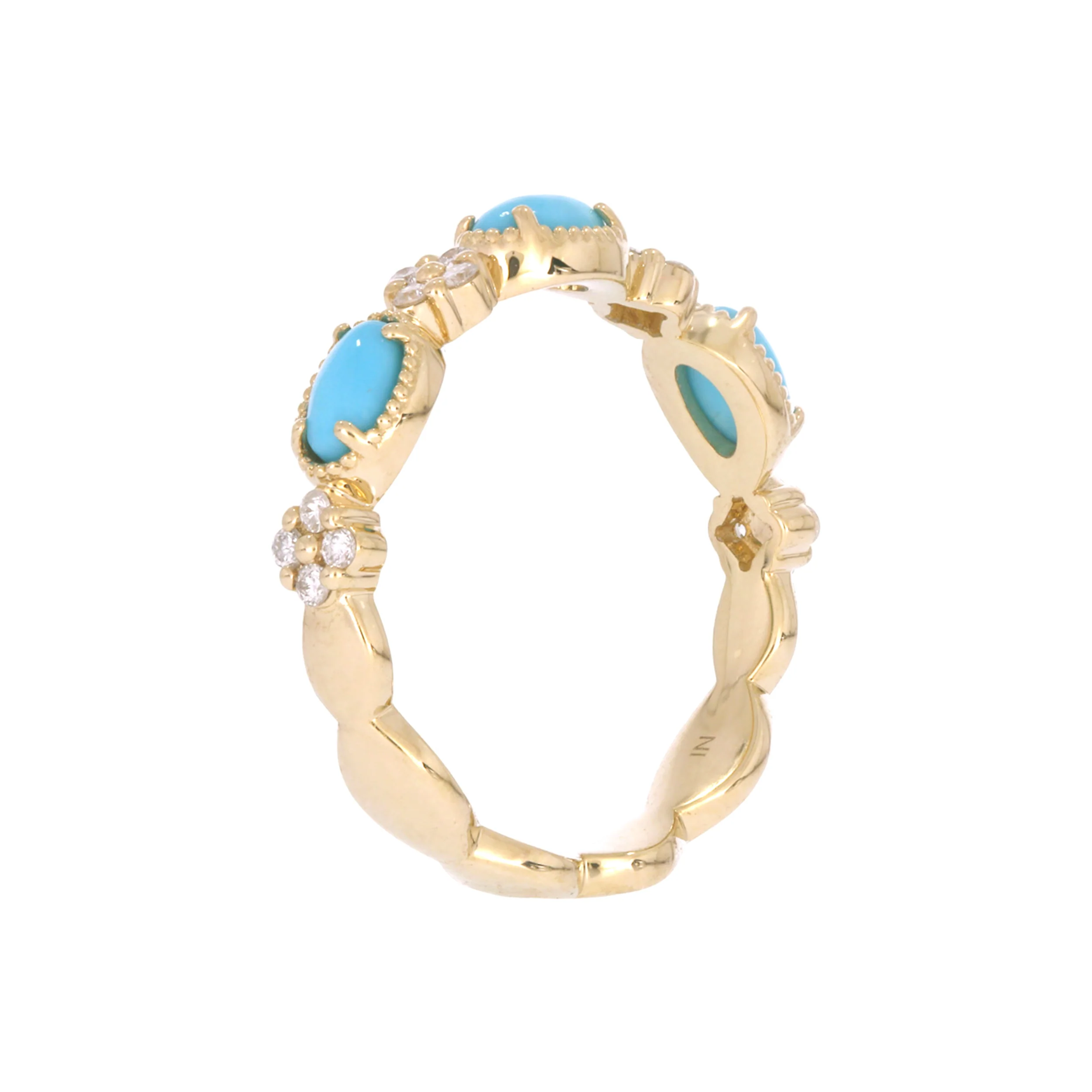 CR97067TQ5X3. 14K Solid Yellow Gold Diamond and Turquoise Band Ring - Image 4