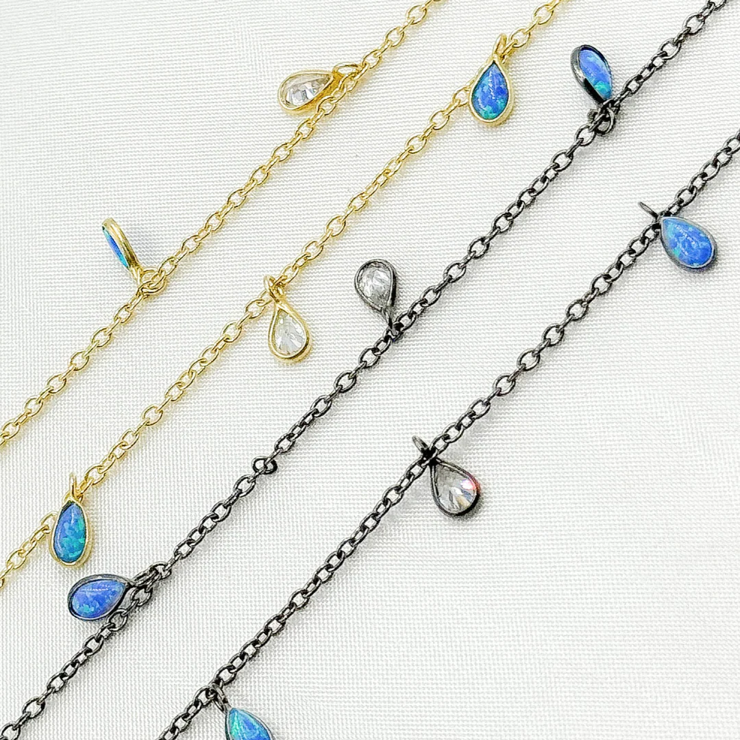 Created Blue Opal & CZ Tear Drop Shape Dangle Chain. CBO7 - Image 17