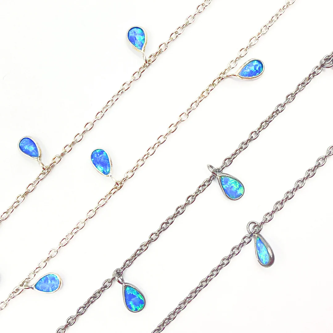 Created Blue Opal Rectangular Shape Dangle Chain. CBO6 - Image 12