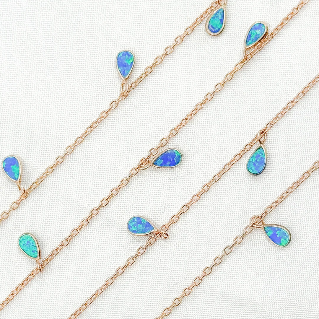 Created Blue Opal Rectangular Shape Dangle Chain. CBO6 - Image 14