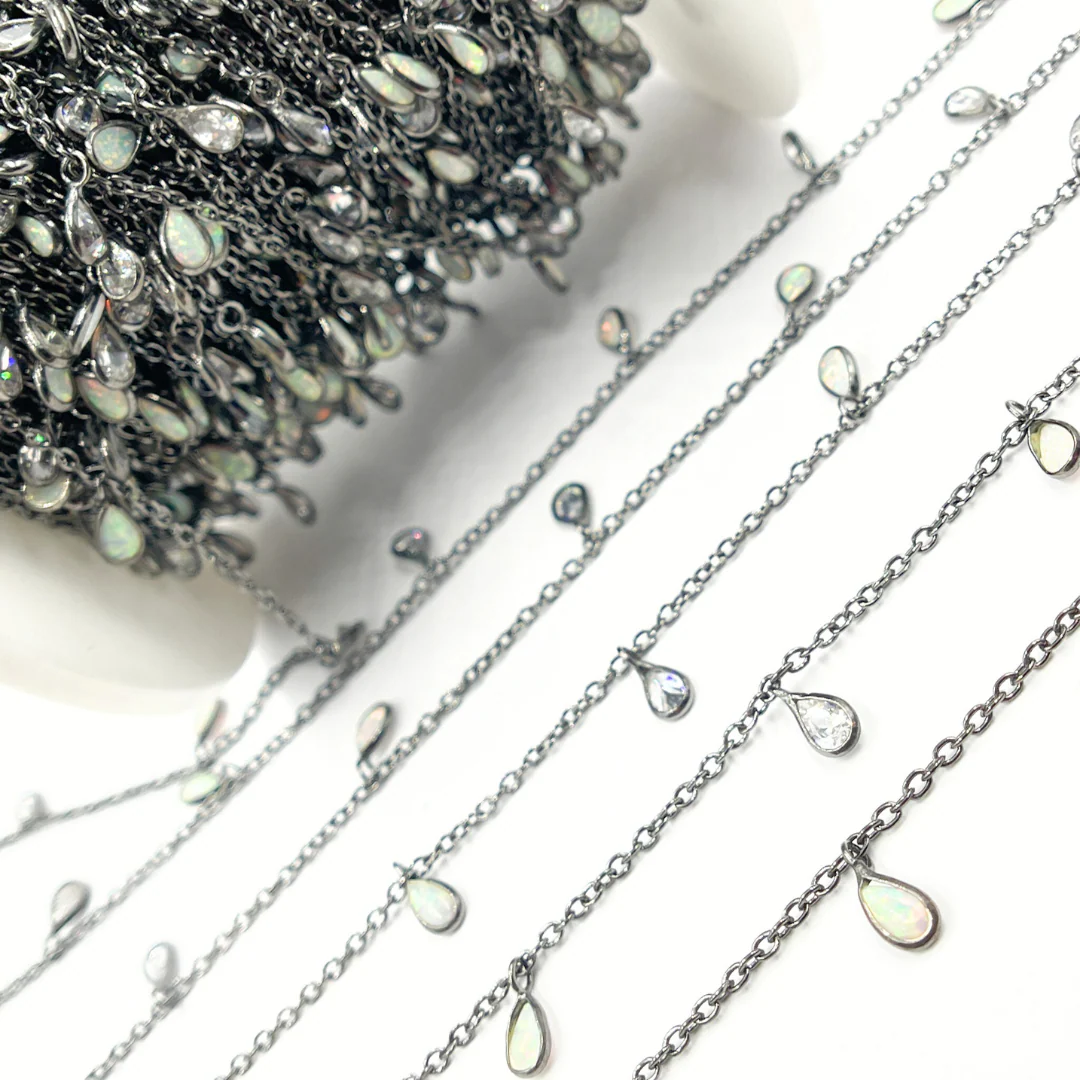 Created White Opal + CZ Pear Shape Dangle Chain. CWO14 - Image 4