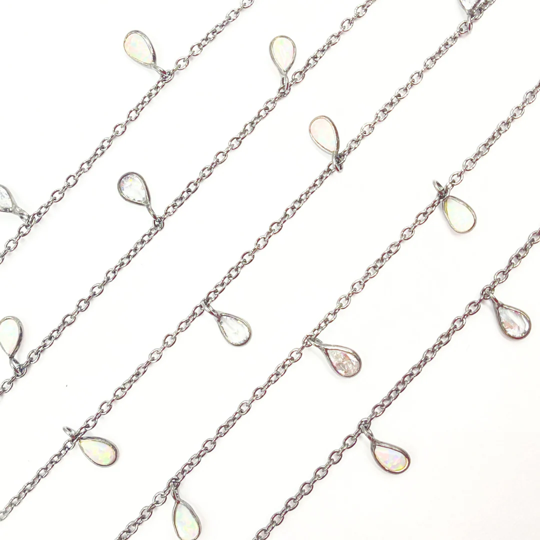 Created White Opal + CZ Pear Shape Dangle Chain. CWO14 - Image 5