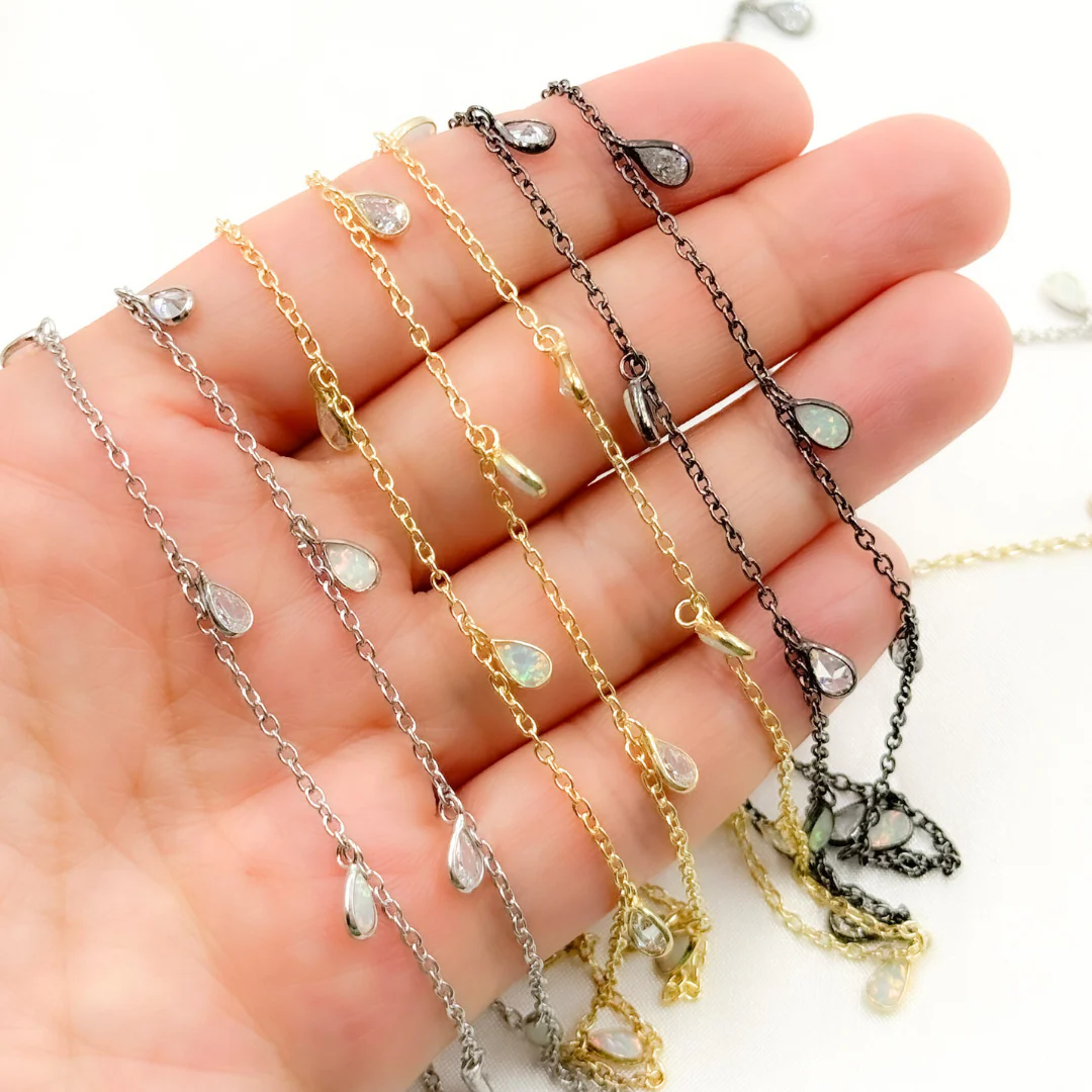 Created White Opal + CZ Pear Shape Dangle Chain. CWO14 - Image 9