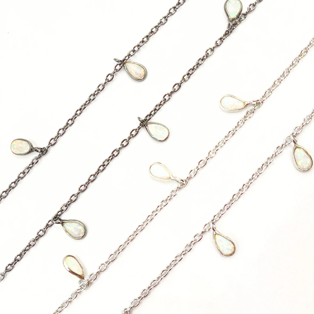 Created White Opal Tear Drop Shape Dangle Chain. CWO6 - Image 4