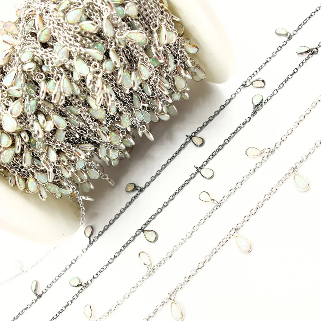 Created White Opal Tear Drop Shape Dangle Chain. CWO6 - Image 5