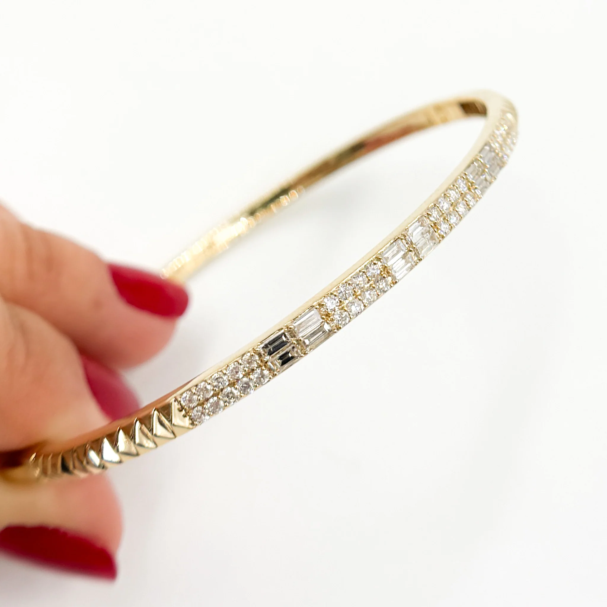 DBG00189. 14K Solid Gold Baguette Diamond Bangle - Image 3