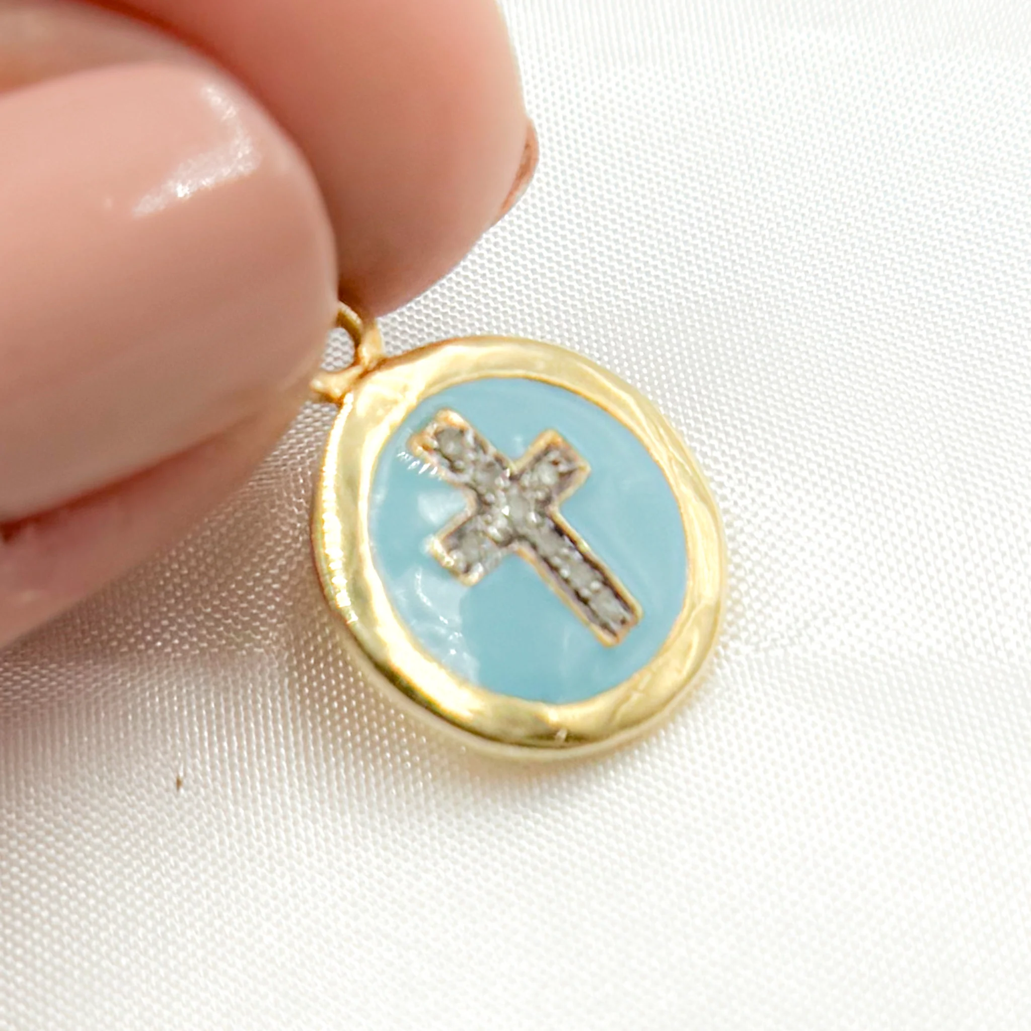 DC028A. Diamond Sterling Silver Round Cross Enamel Charm - Image 4