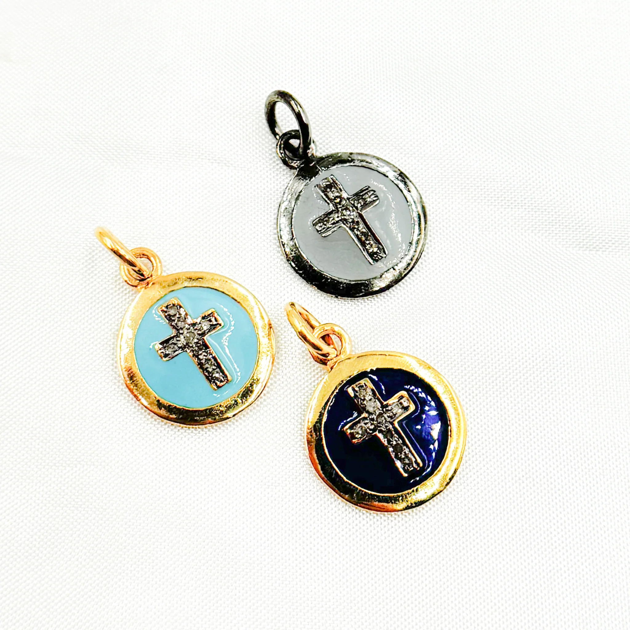 DC028A. Diamond Sterling Silver Round Cross Enamel Charm - Image 6