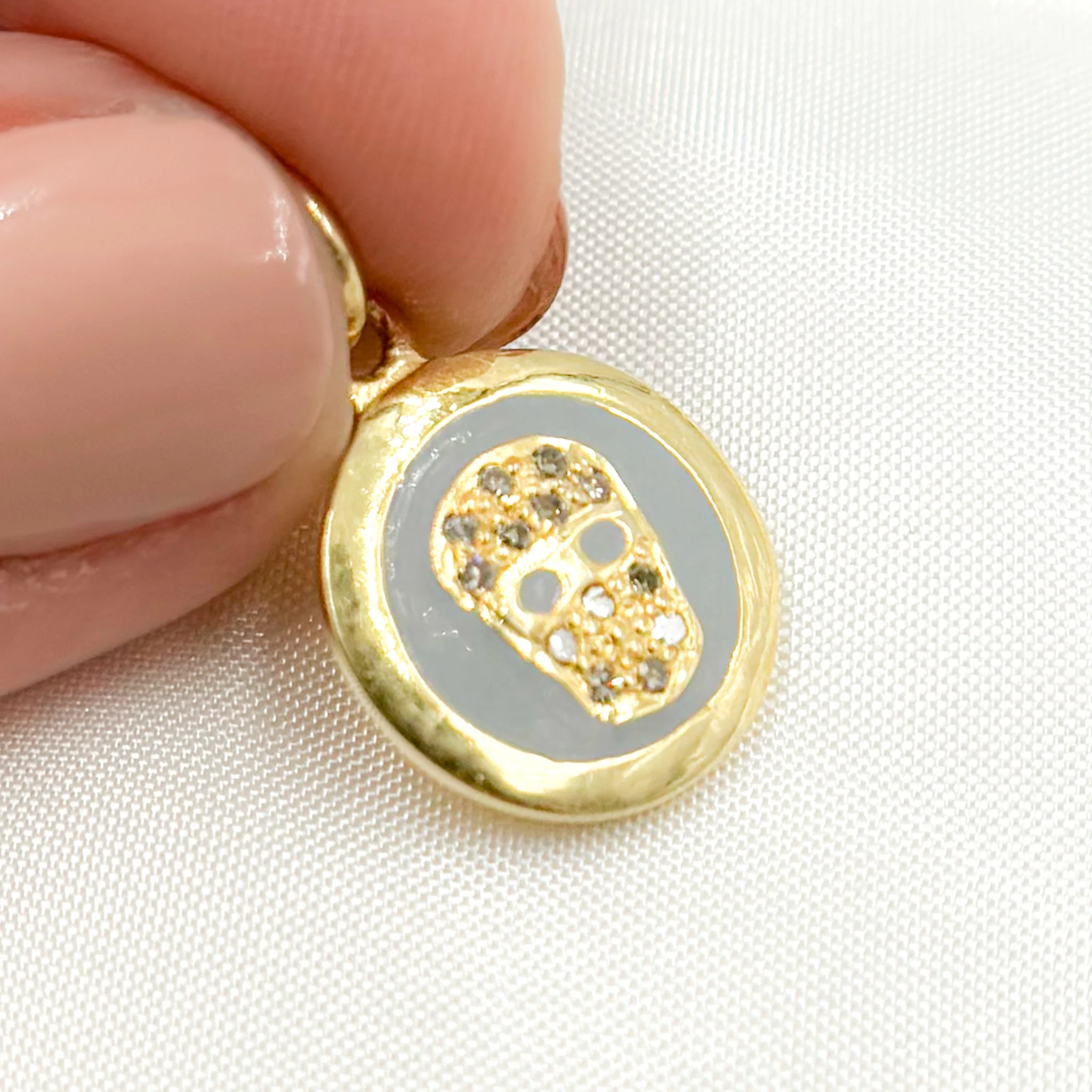 DC131A. Diamond Sterling Silver Round Skull Enamel Charm - Image 9