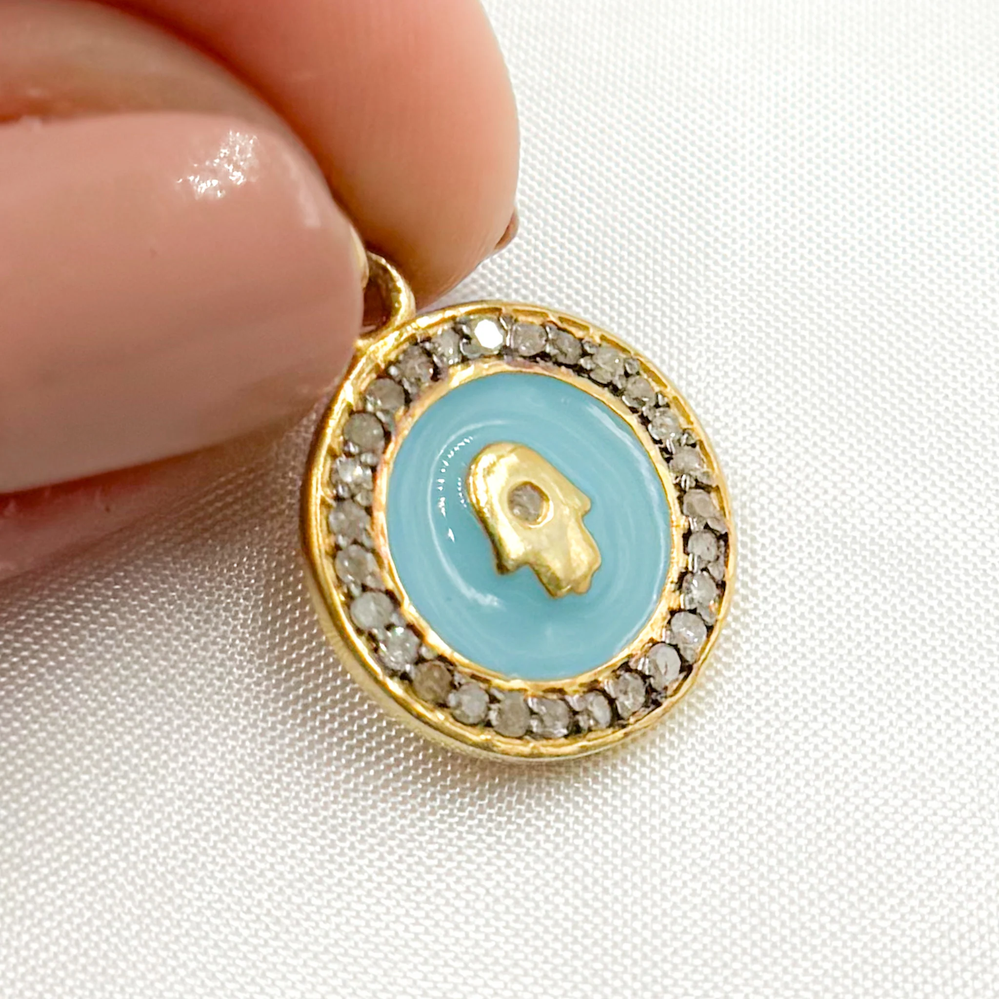 DC226A. Diamond Sterling Silver Round Hamsa Enamel Charm - Image 3