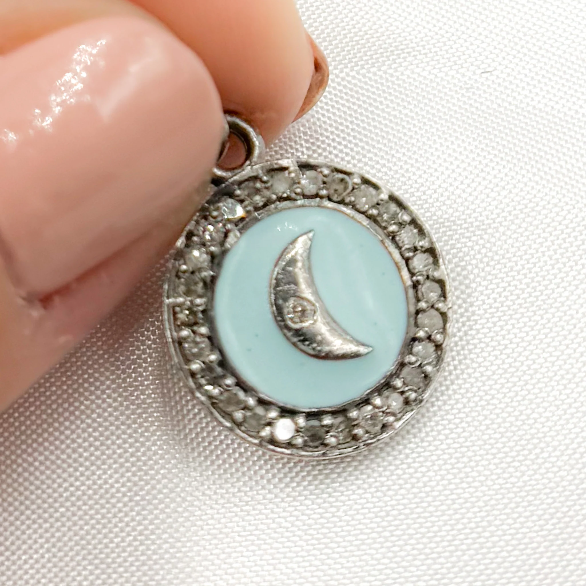 DC227A. Diamond Sterling Silver Round Moon Enamel Charm - Image 4