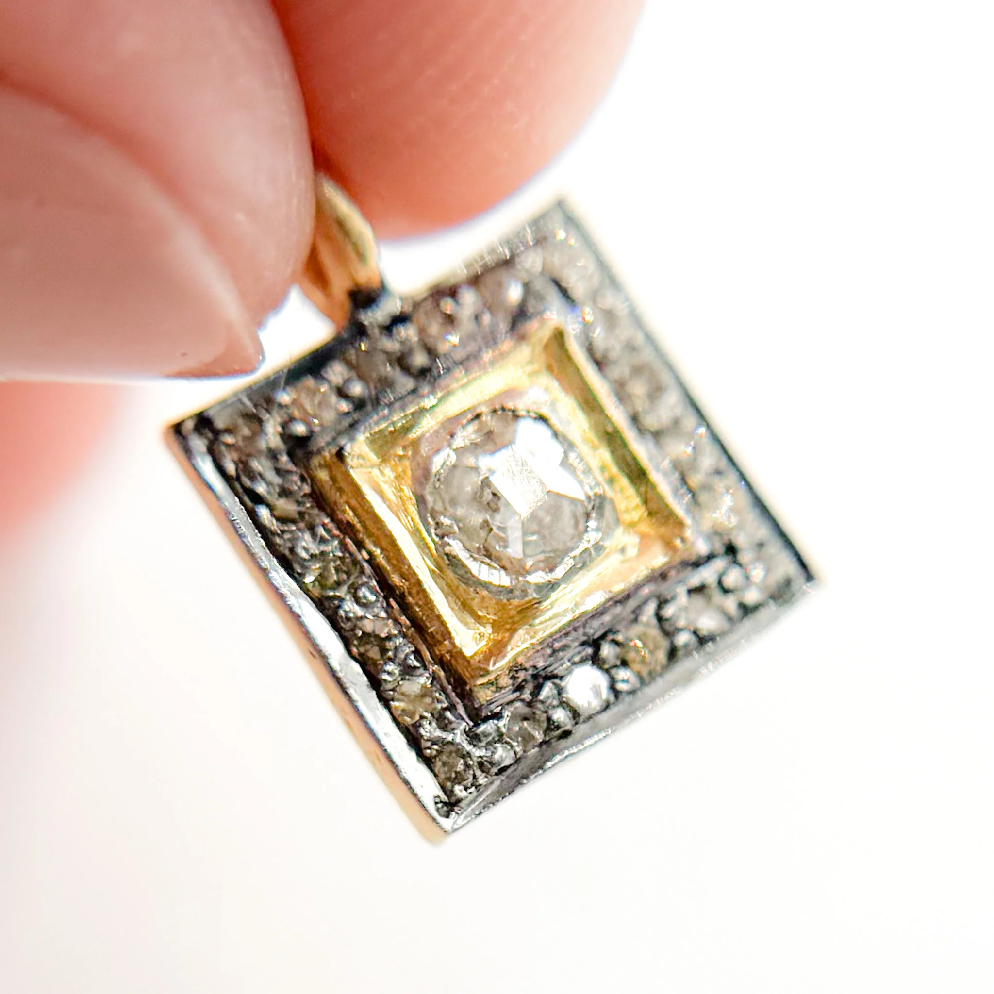 DC459. Diamond Sterling Silver Square Charm with Polki Diamond - Image 2
