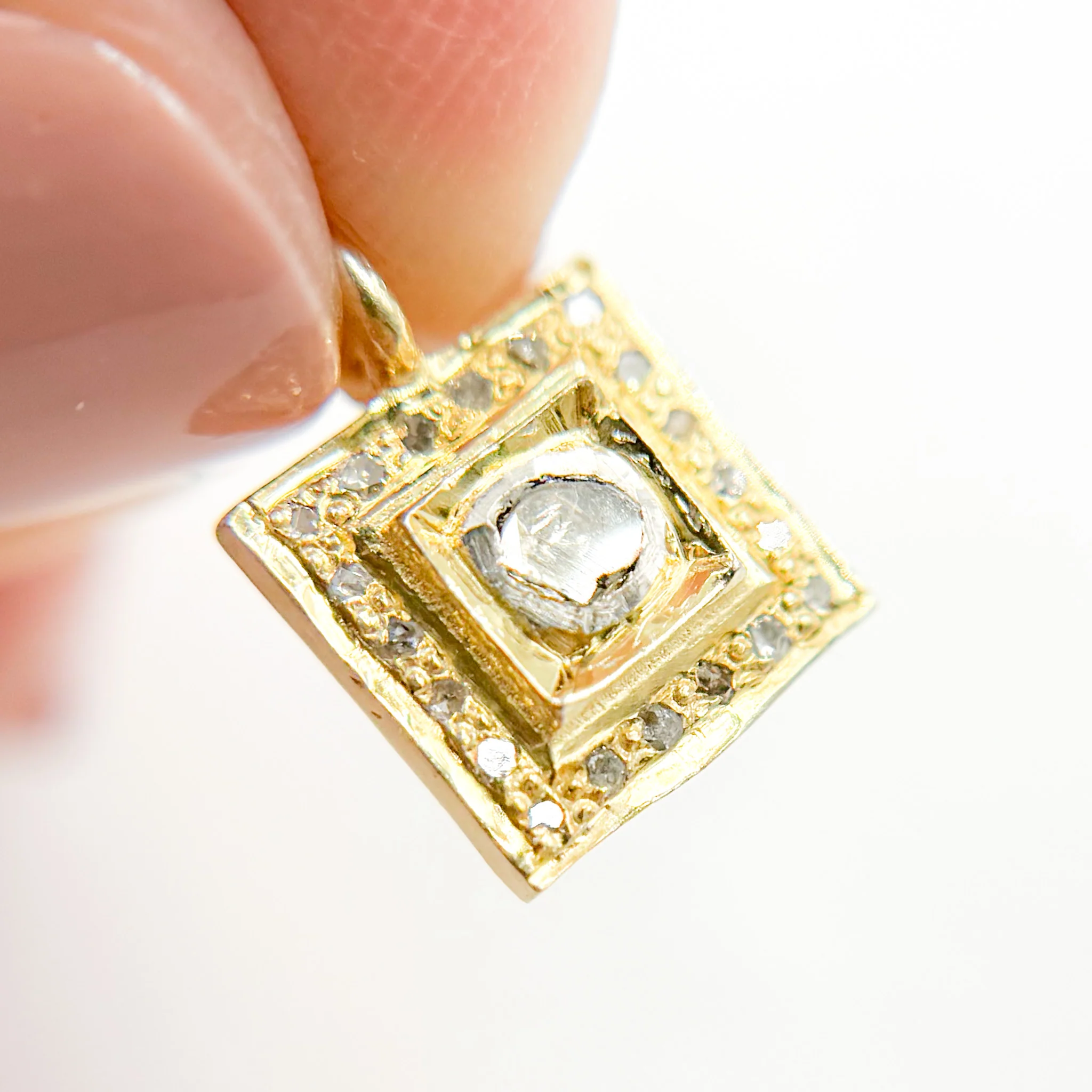 DC459. Diamond Sterling Silver Square Charm with Polki Diamond - Image 3