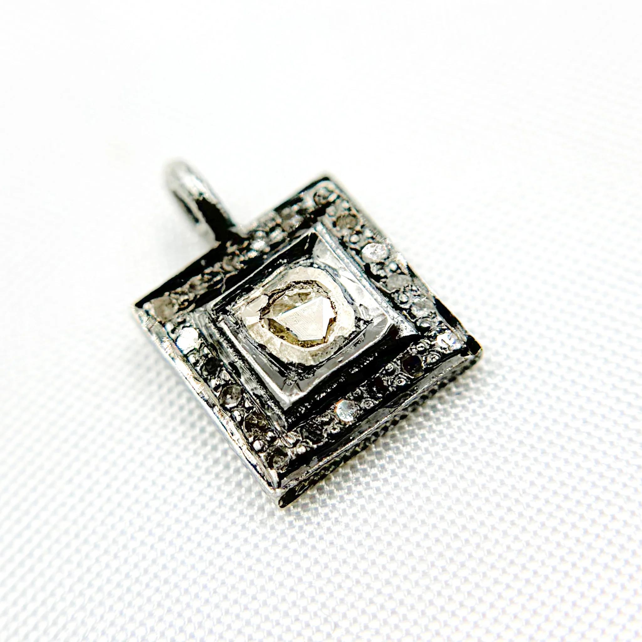 DC459. Diamond Sterling Silver Square Charm with Polki Diamond - Image 7