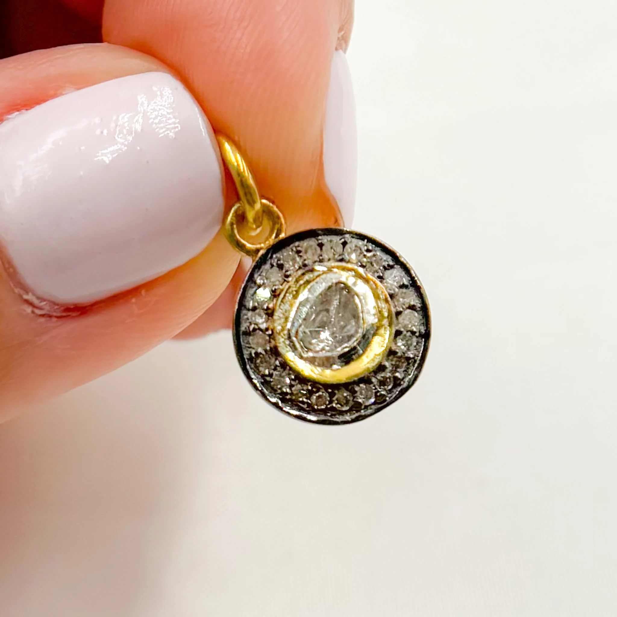 DC933. Diamond Sterling Silver Round Charm with Polki Diamond - Image 2