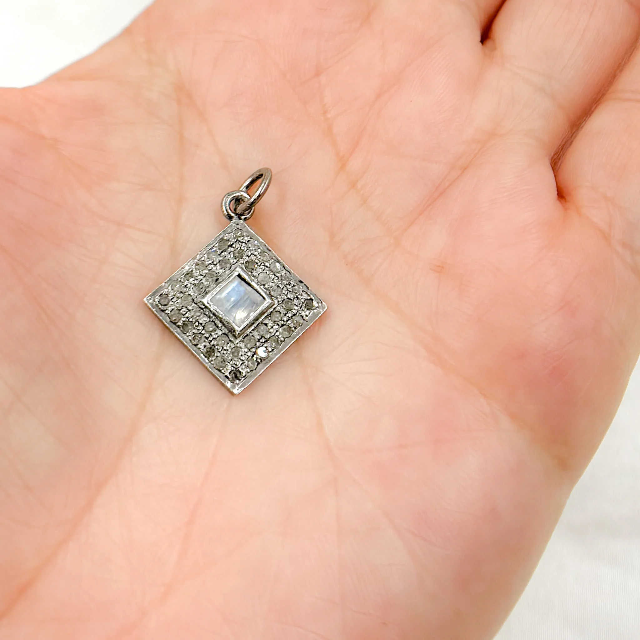 DC935. Diamond Sterling Silver Square Charm with Gemstone - Image 2