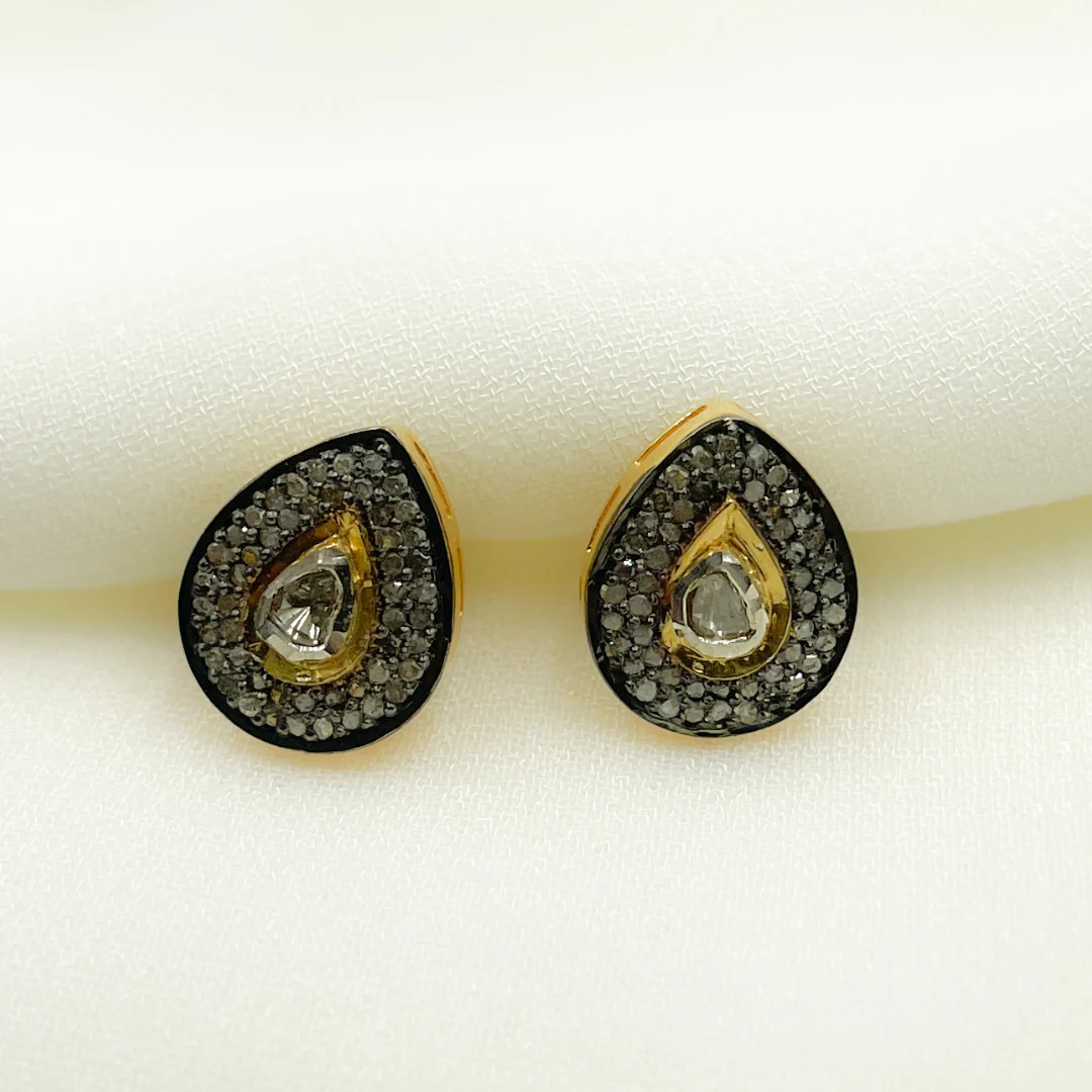 DE041. Pave Diamond and Dark Polka Diamond Silver Drop Studs - Image 4