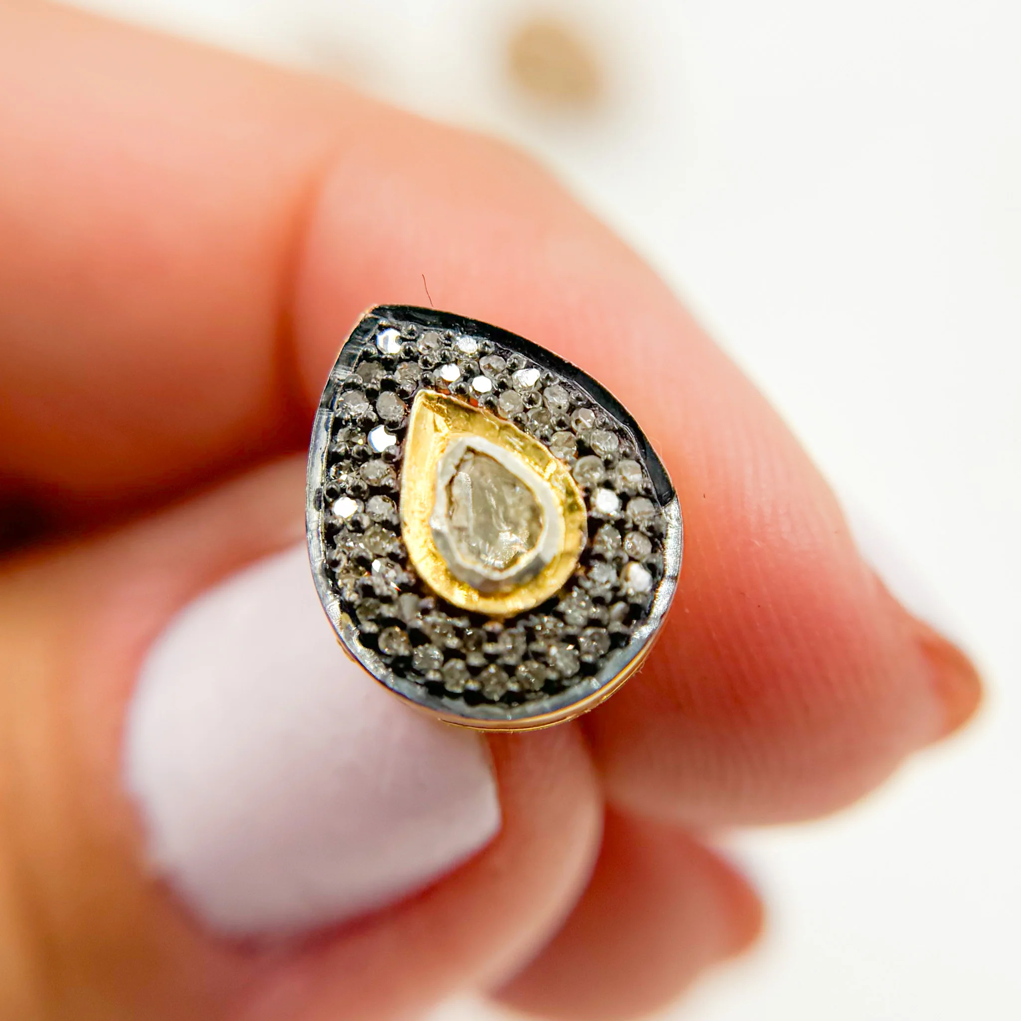 DE041. Pave Diamond and Dark Polka Diamond Silver Drop Studs - Image 6