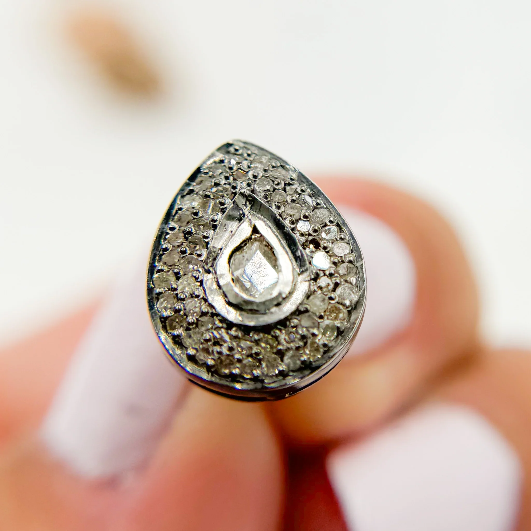 DE041. Pave Diamond and Dark Polka Diamond Silver Drop Studs - Image 8