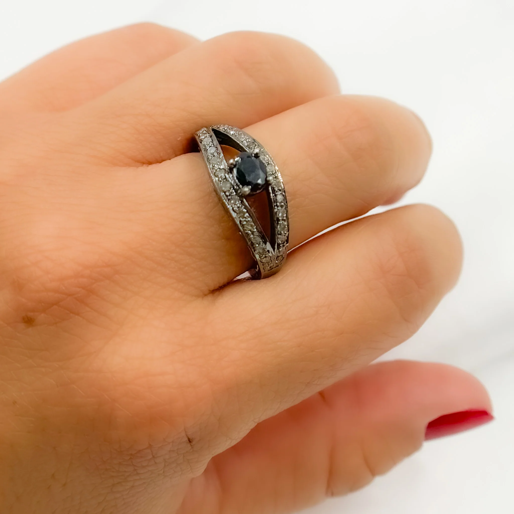 DE04. Diamond Black Rhodium Sterling Silver Gemstone Ring - Image 3