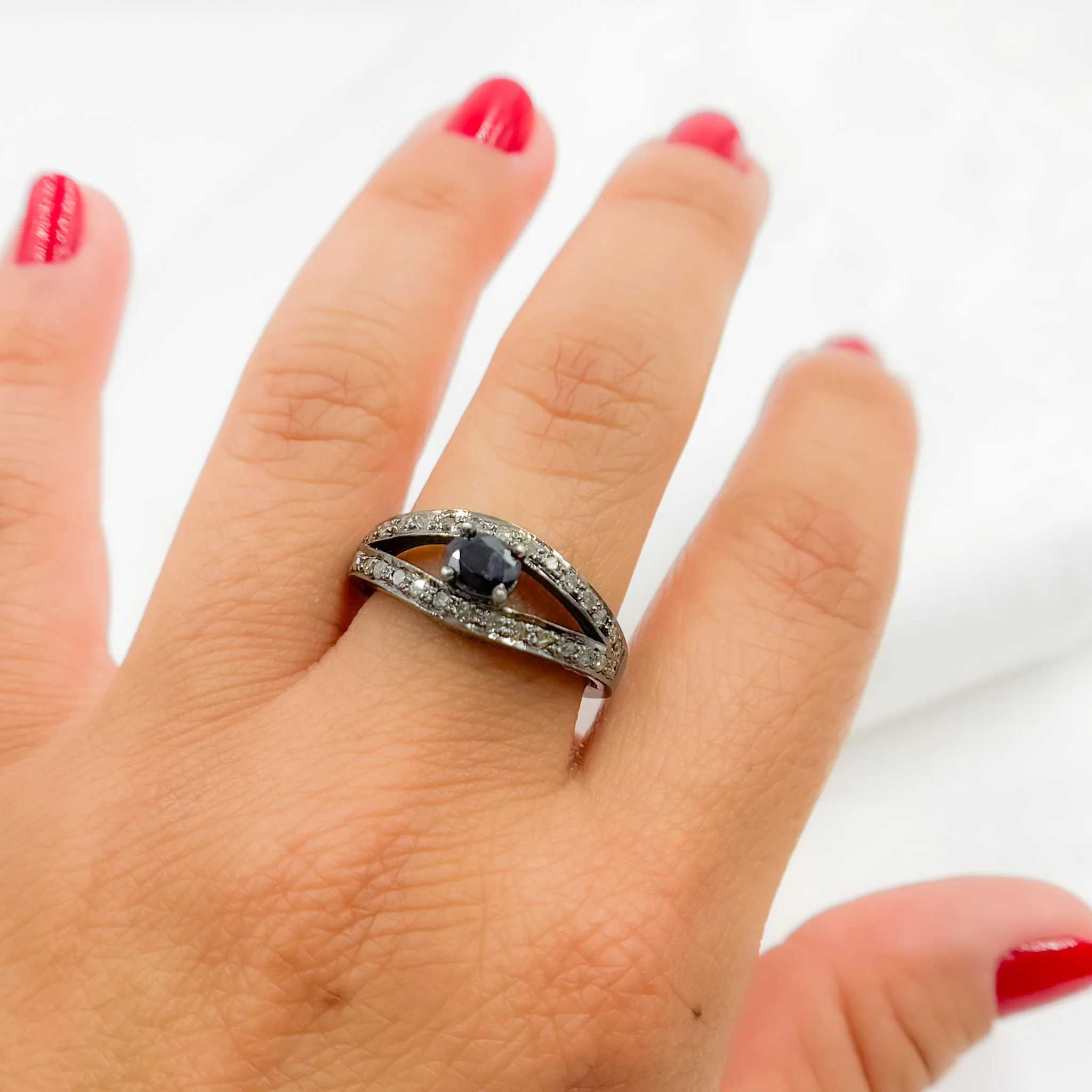DE04. Diamond Black Rhodium Sterling Silver Gemstone Ring - Image 6