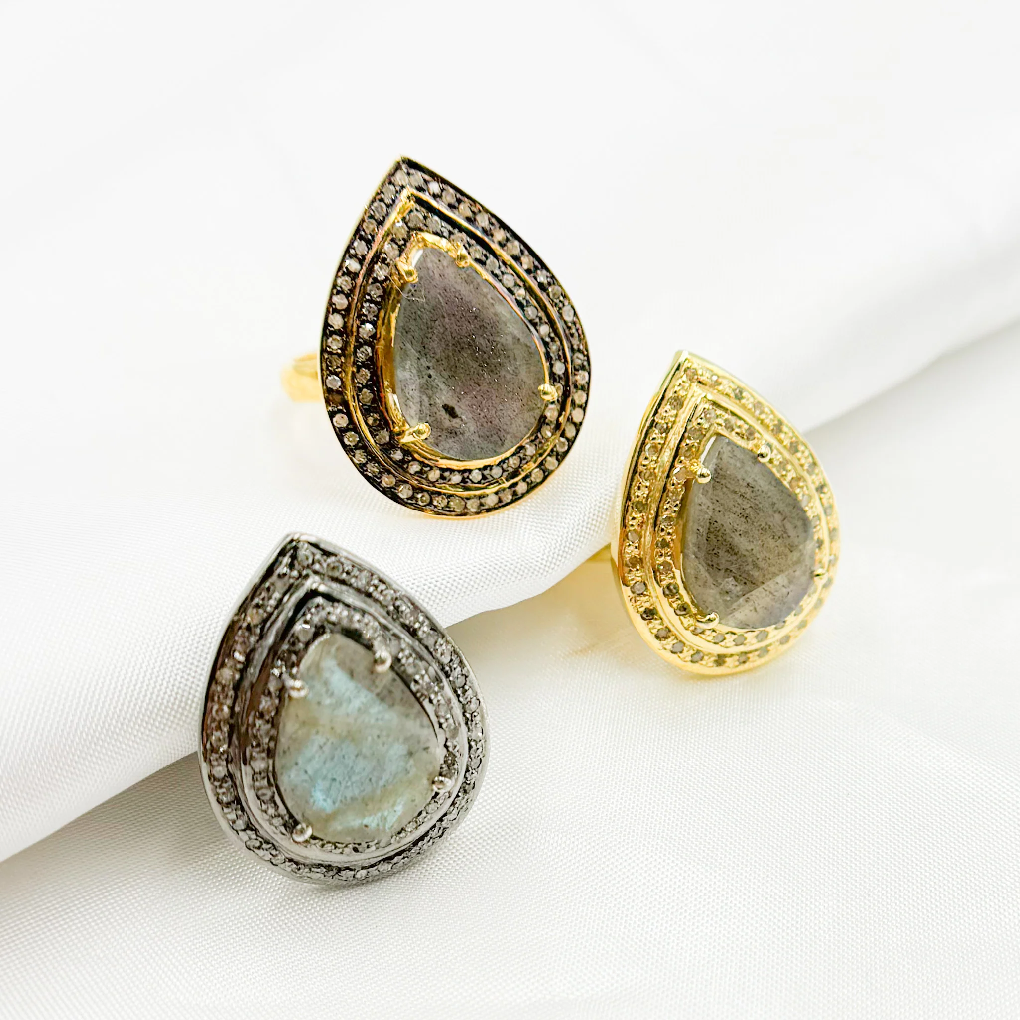 DE09. Diamond Sterling Silver Labradorite Drop Ring - Image 2
