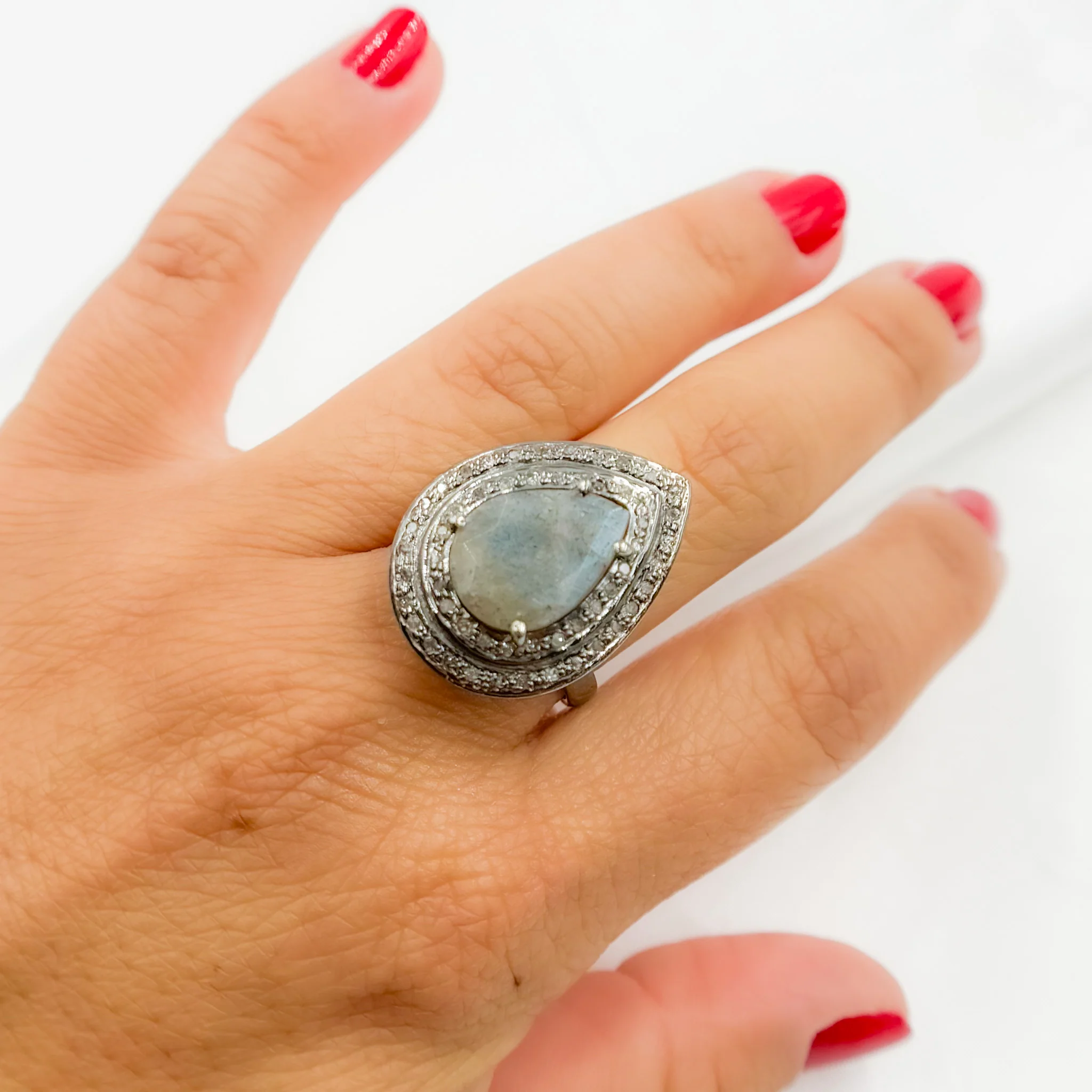 DE09. Diamond Sterling Silver Labradorite Drop Ring - Image 3