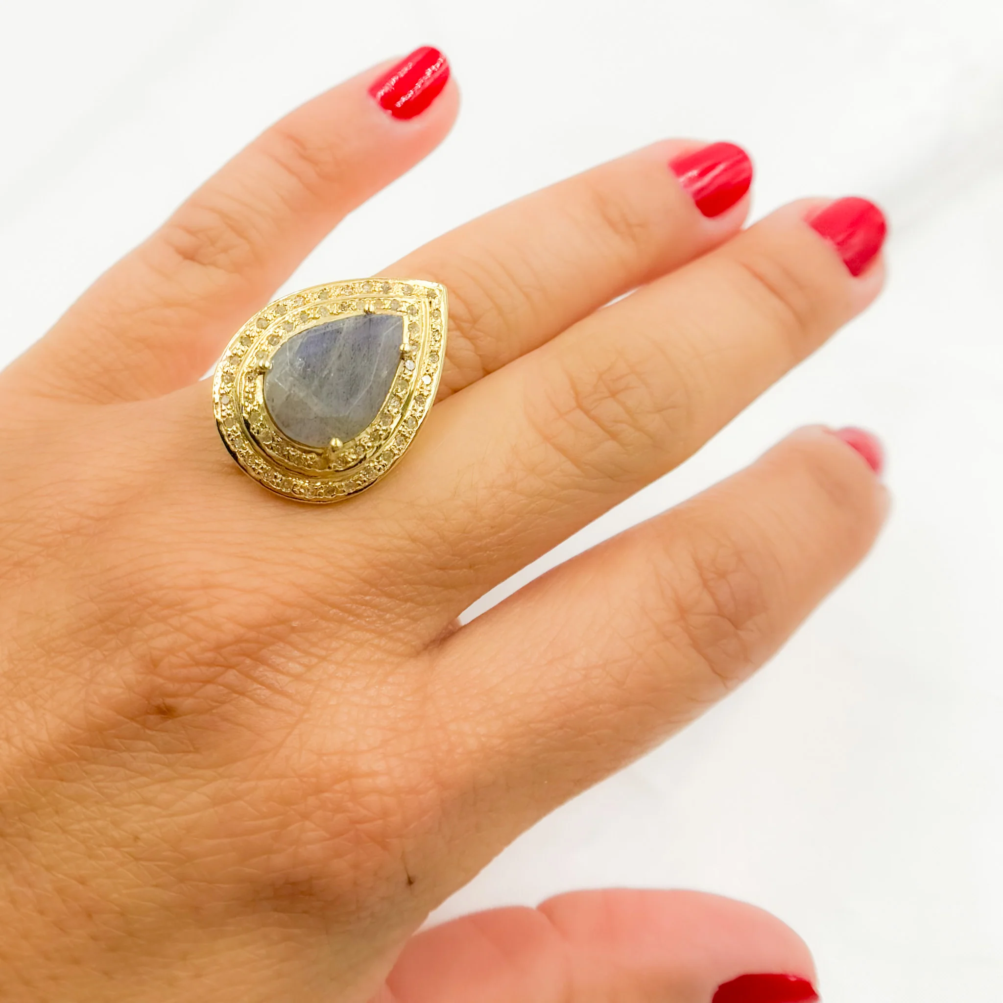 DE09. Diamond Sterling Silver Labradorite Drop Ring - Image 4