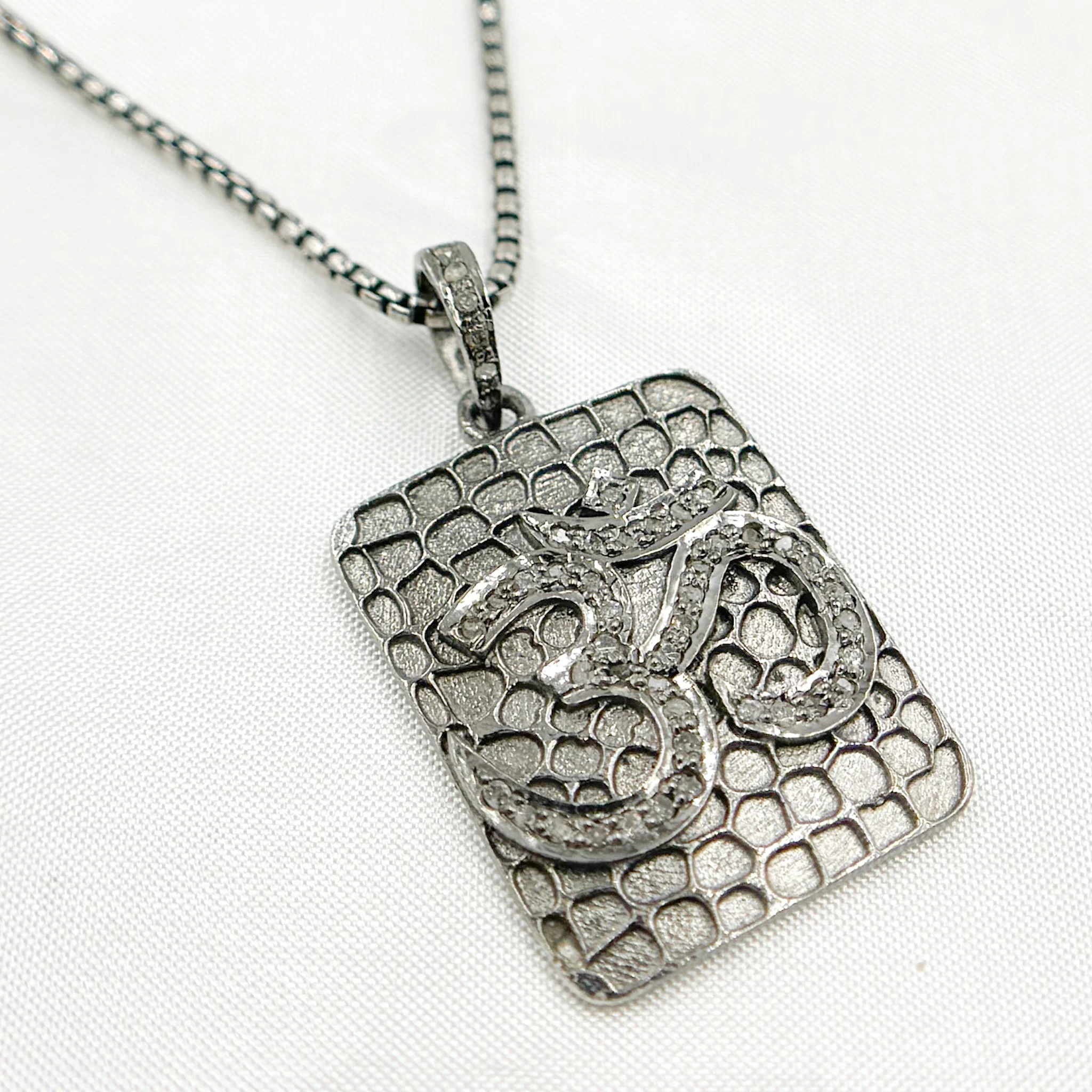 DP033. Diamond Sterling Silver Rectangle OM Symbol Pendant