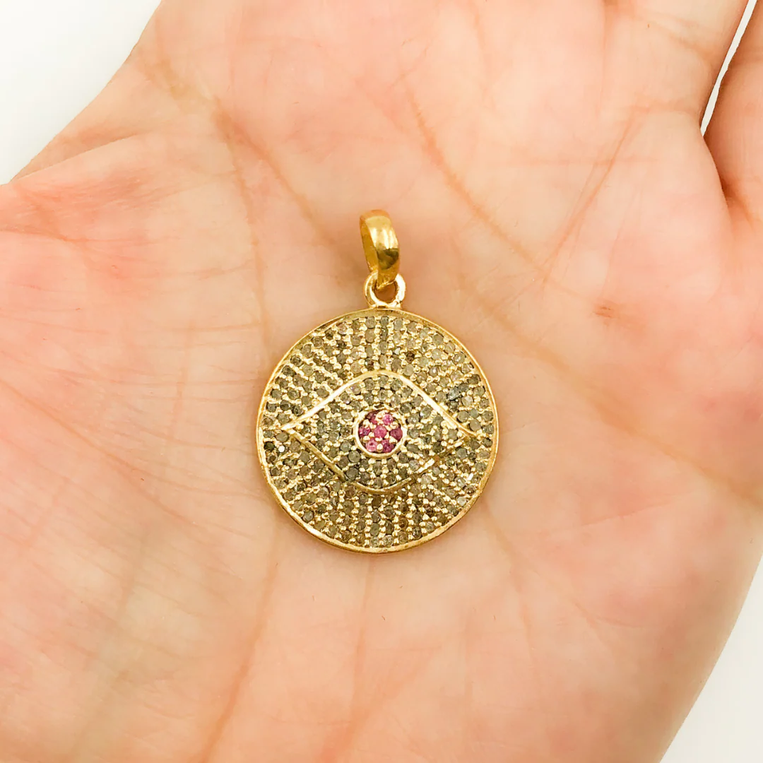 DP043. Diamond & Sterling Silver Round Evil Eye Pendant with Gemstone in the center - Image 4