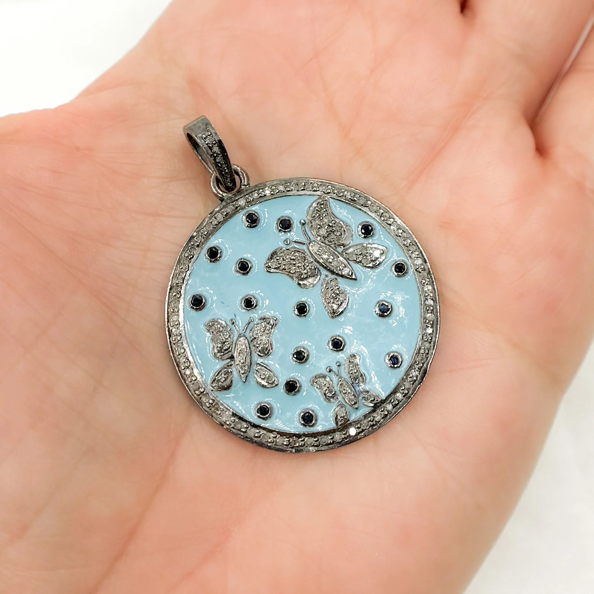 DP416A. Diamond Sterling Silver Round Enamel Pendant with Gemstone - Image 2
