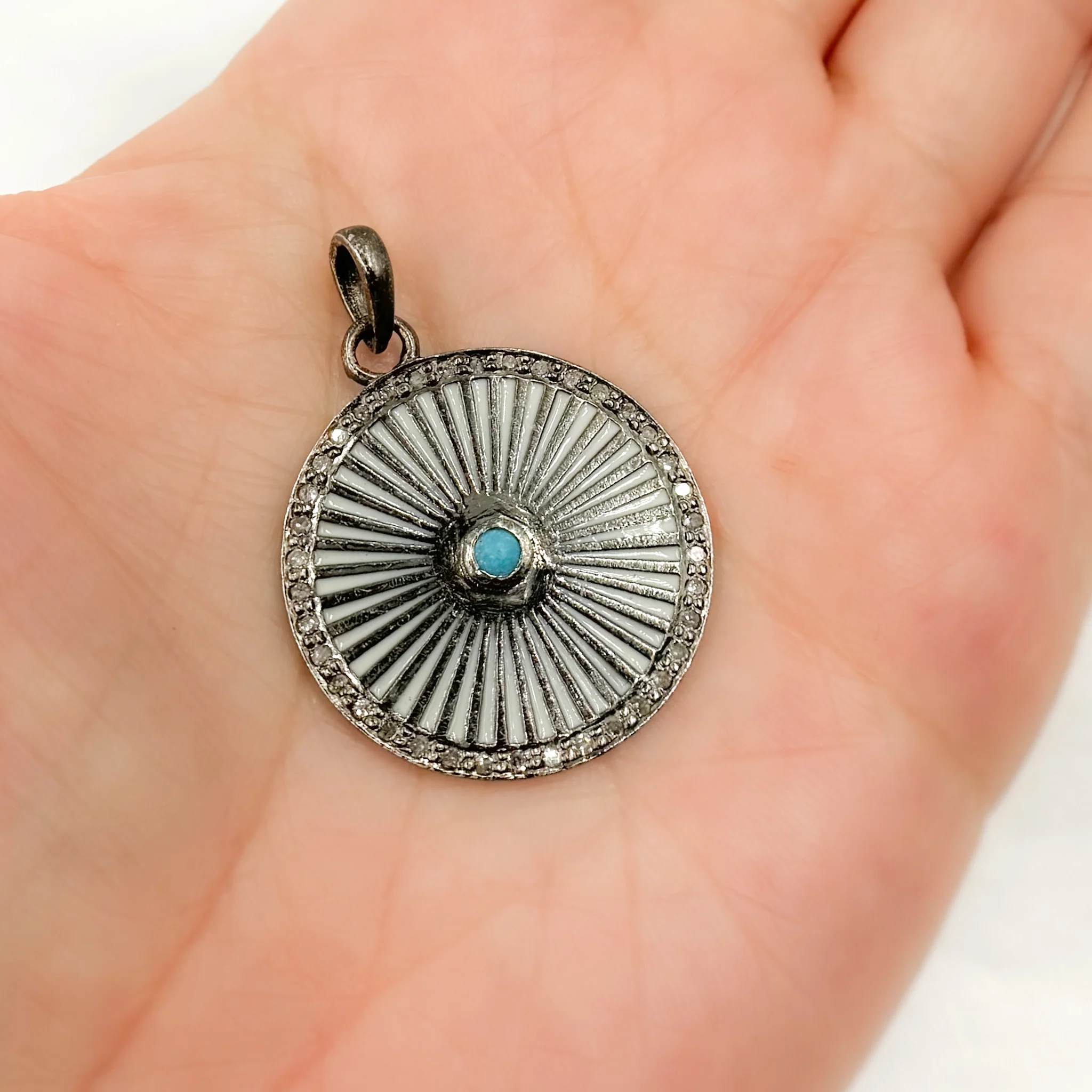 DP489A. Diamond Sterling Silver Round Enamel Pendant with Gemstone - Image 3